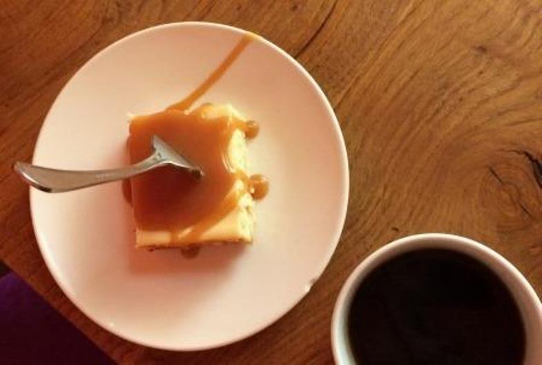 Photo of a piece of gluten free cheesecake at the Shirley Delicious Cafe on Vancouver Island. 